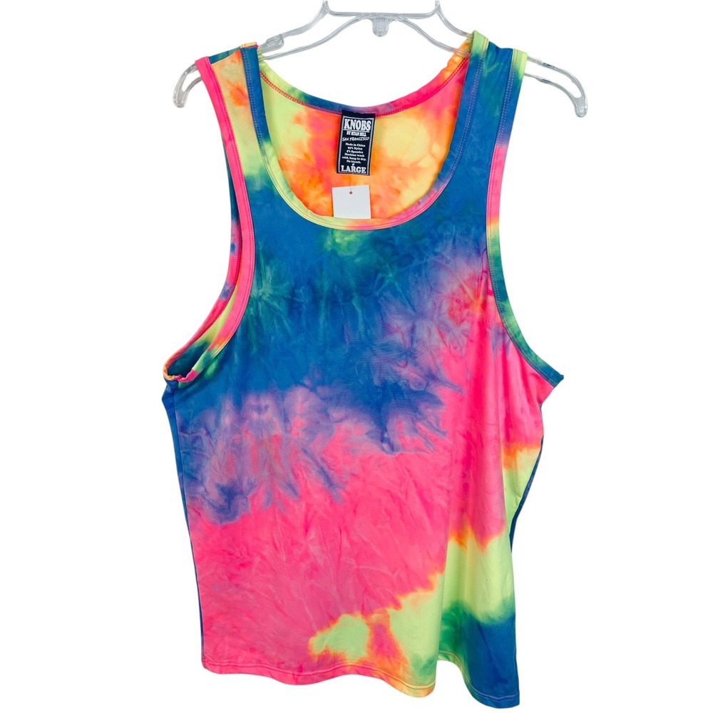 Knobs by Ryan Hill SF Mens Tank Top Rainbow Tie Dye Hippie Boho Neon Large NEW
